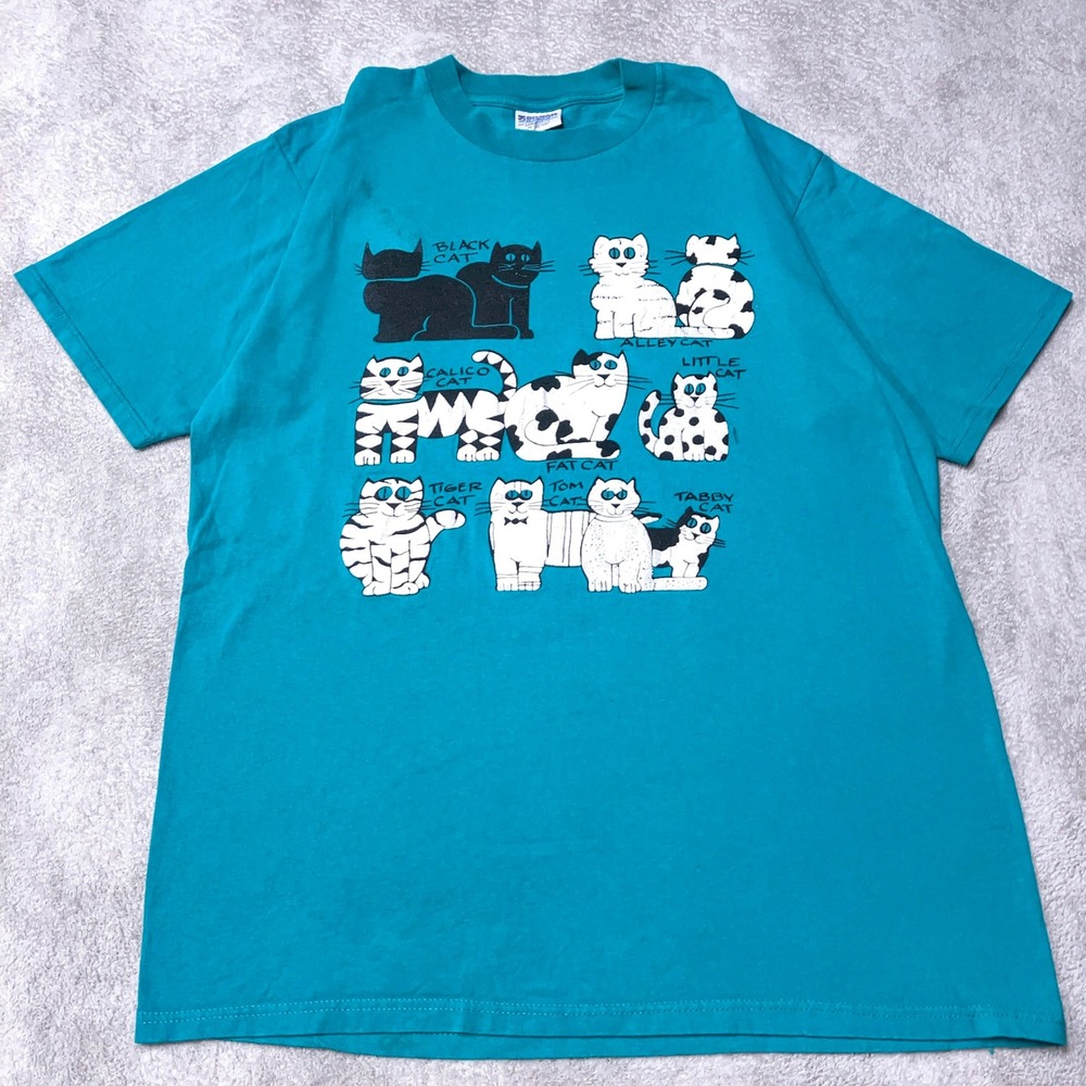 Vintage 90s Cat Breeds Puff Print Graphic T-Shirt Teal Made in USA Mens XL